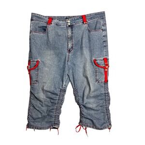 Vintage WILD Z Y2K Denim Cargo Capri‎ Pant Plus Size 24 Red Accent Stretch